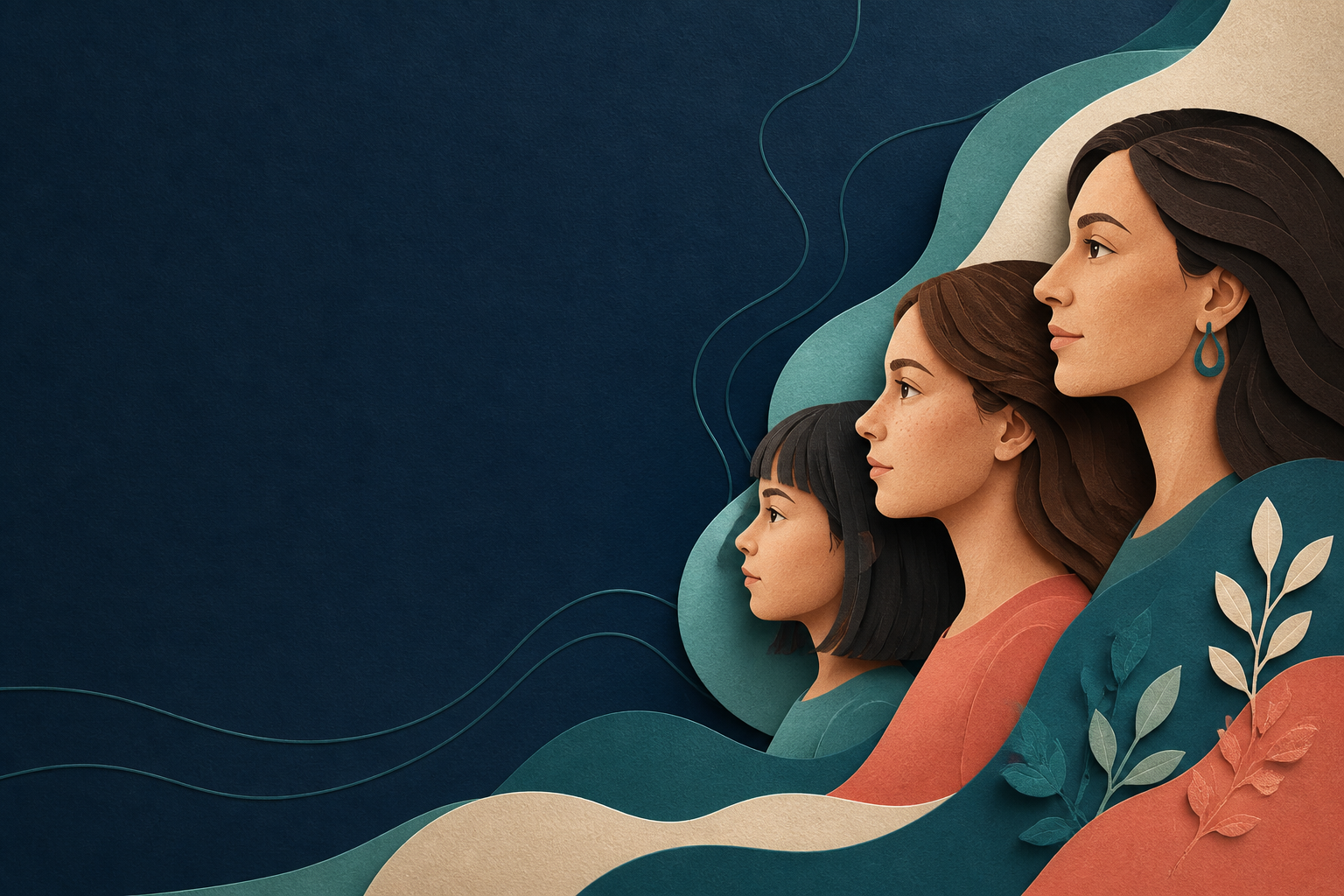 Ilustración de una niña, una adolescente y una mujer con formas orgánicas en tonos azules, verdes y coral